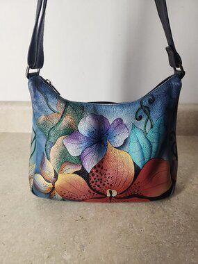 Anna by Anuschka hand painted art Midnight Floral leather Hobo shoulder bag